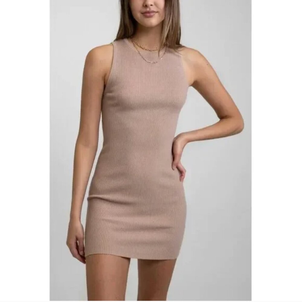 Rhythm Aries Knit Bodycon Mini Dress in Taupe, Sz L / 8